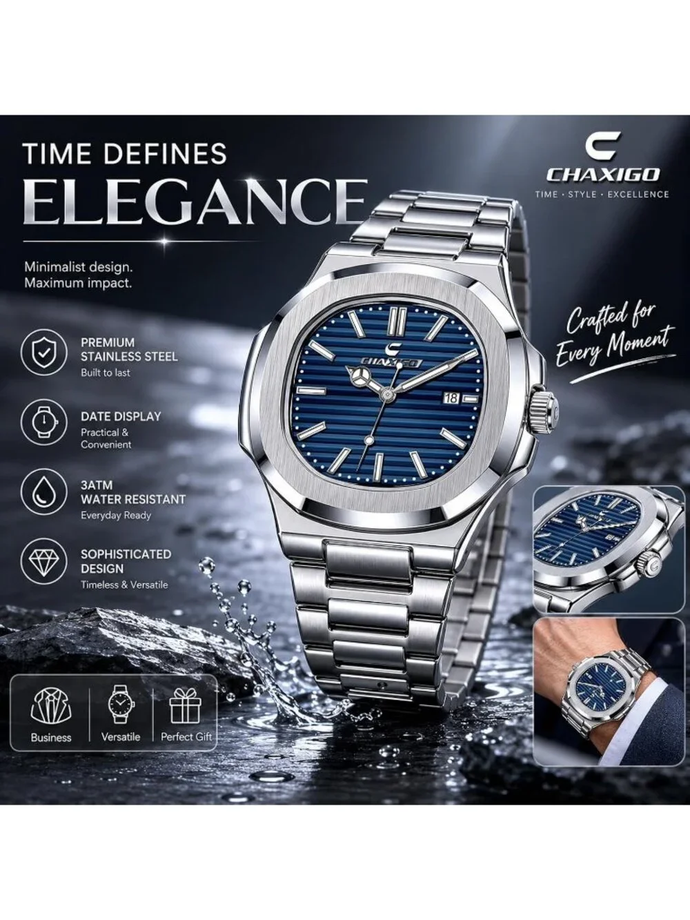 Men's Blue Silver Alloy Material Waterproof Quartz Sports Sports Wrist Watches